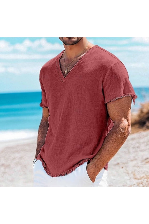 S-4X Plus Size Mens Big & Tall Linen T-Shirts Ripped Short Sleeve Tshirts Shirts for Men Summer Lightweight V Neck Beach Tees Tops