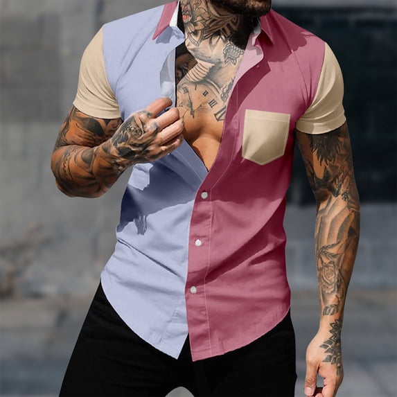 S-4X Plus Size Mens Big & Tall Shirts Short Sleeve Button-Down Tshirts Shirt with Pocket and Collared Color Block Breathable Going-Out Beach Tees Tops