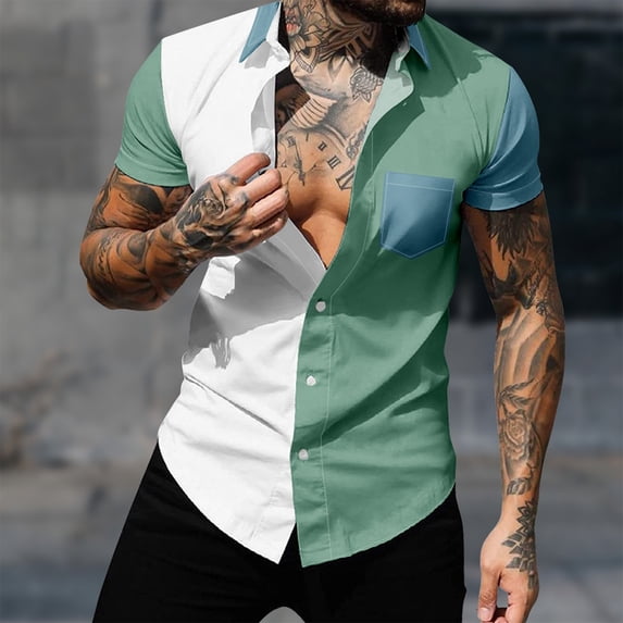 S-4X Plus Size Mens Big & Tall Shirts Short Sleeve Button-Down Tshirts Shirt with Pocket and Collared Color Block Breathable Going-Out Beach Tees Tops