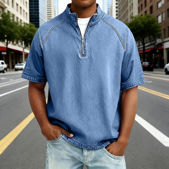 S-4X Plus Size Mens Big & Tall Summer T-Shirts Short Sleeve Shirts for Men with Zipper Stand Collared Vintage Washed Tees Tops