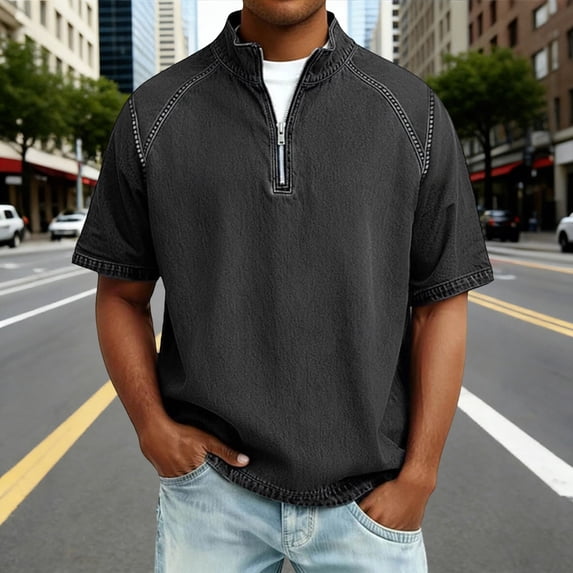 S-4X Plus Size Mens Big & Tall Summer T-Shirts Short Sleeve Shirts for Men with Zipper Stand Collared Vintage Washed Tees Tops