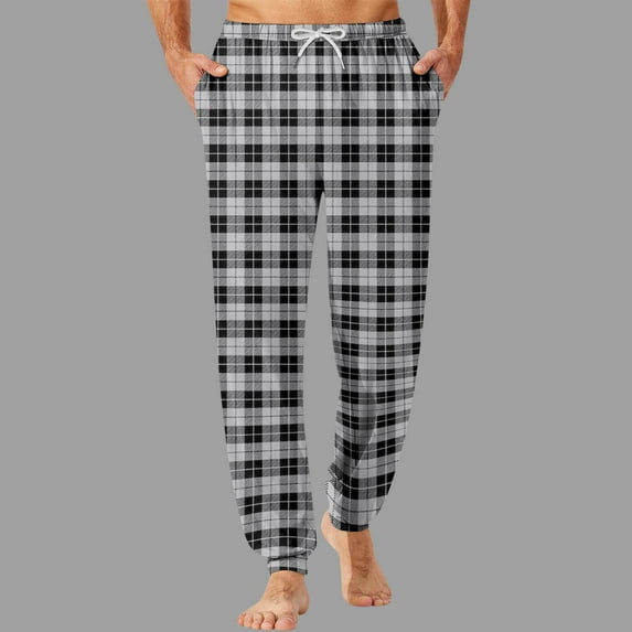 S-4X Plus Size Pajama Pants for Men Big & Tall Tapered Leg Trousers with Pockets and Drawstring Elastic Waist Plaid Printed Homewear Pajamas Pant