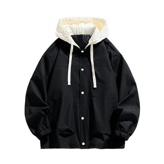 S-4X Plus Size Rain Jackets for Men Big & Tall Fake-Two-Piece Raincoats Casual Color Block Long Sleeve Zip Up Hiking Jacket with Pockets and Hoodies