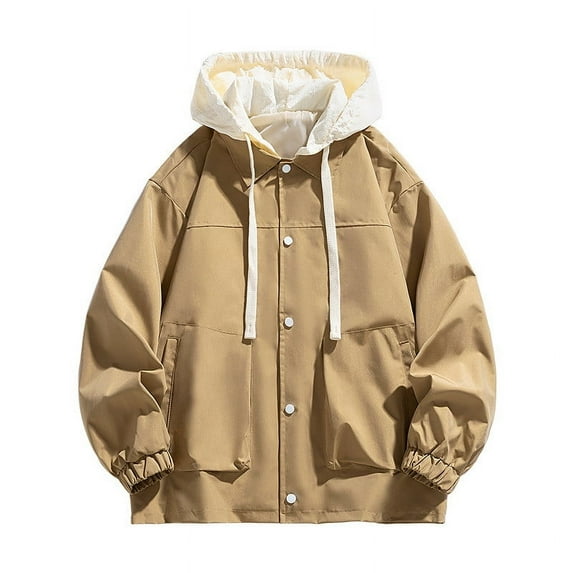 S-4X Plus Size Rain Jackets for Men Big & Tall Fake-Two-Piece Raincoats Casual Color Block Long Sleeve Zip Up Hiking Jacket with Pockets and Hoodies