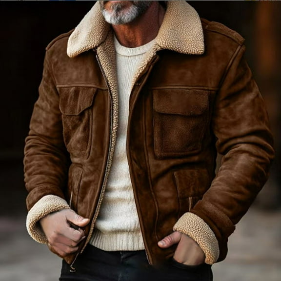 S-4X Plus Size Sueded Jackets for Men with Pockets Fleece Lined Big & Tall Coats Long Sleeve Zip-Up Solid Vintage Thermal Warm Collar Outerwear Jacket