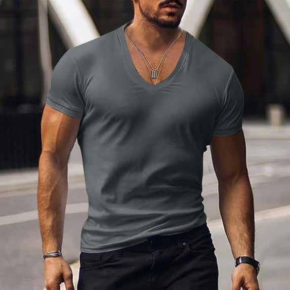 S-4X Plus Size T Shirts for Men Big & Tall Short Sleeve V Neck Tees Tops Mens Trendy Solid Color Stretchy Slim Pullover Going-Out Muscle Tshirts Shirt