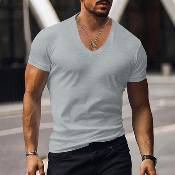 S-4X Plus Size T Shirts for Men Big & Tall Short Sleeve V Neck Tees Tops Mens Trendy Solid Color Stretchy Slim Pullover Going-Out Muscle Tshirts Shirt