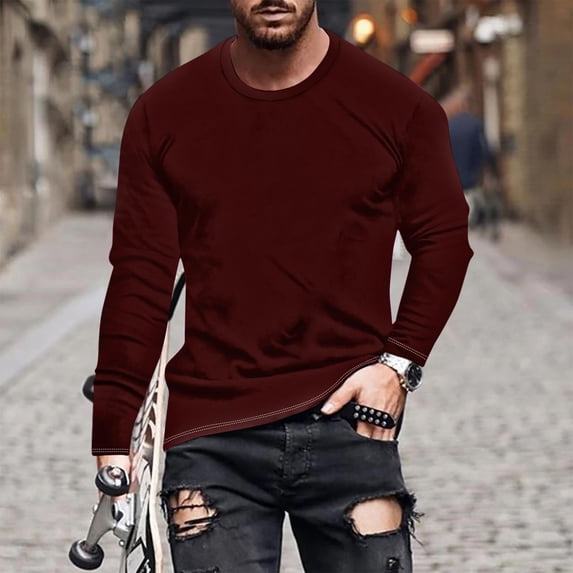 S-4X Plus Size T Shirts for Men Big & Tall Long Sleeve Tees Tops Mens Casual Solid Color Pullover Crewneck Basic Loungewear Workout Tshirts Shirt