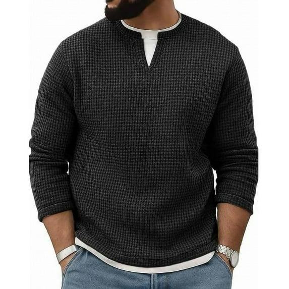 S-4X Plus Size Waffleknit Sweatshirts for Men Big & Tall Long Sleeve Shirts Fake-Two-Piece Pullover Crewneck Solid Color Going-Out Sweatshirt Tops