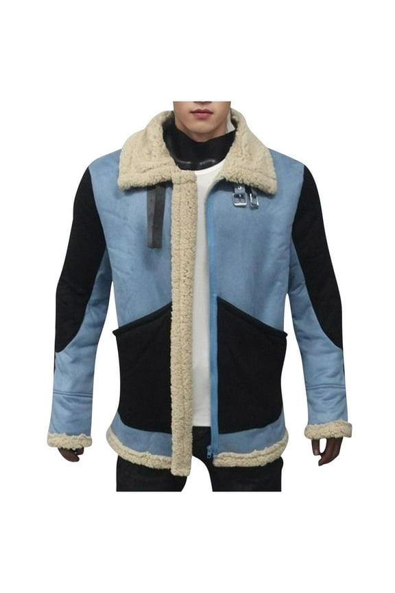 S-4X Plus Size Winter Jackets for Men Big & Tall Fleece Lined Sueded Coats Long Sleeve Zip Up Collared Color Block Thermal Warm Jacket with Pockets