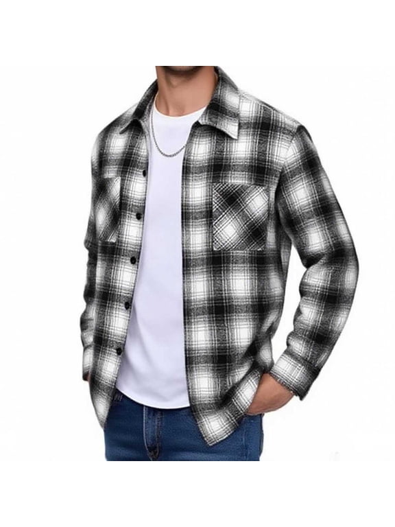 S-4X Plus Size Wool Shirts for Men with Pocket Big & Tall Long Sleeve Shackets Shirt Button-Down Collared Casual Plaid Printed Office Work Tops