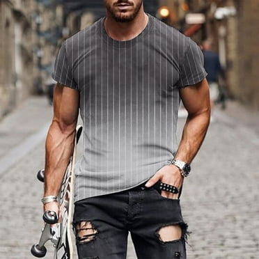 S-4XL Short Sleeve T Shirts for Men Big and Tall Slim Pullover Crewneck Tees Tops Plus Size Gradient Stripe Printed Casual Tshirts Shirt Clearance