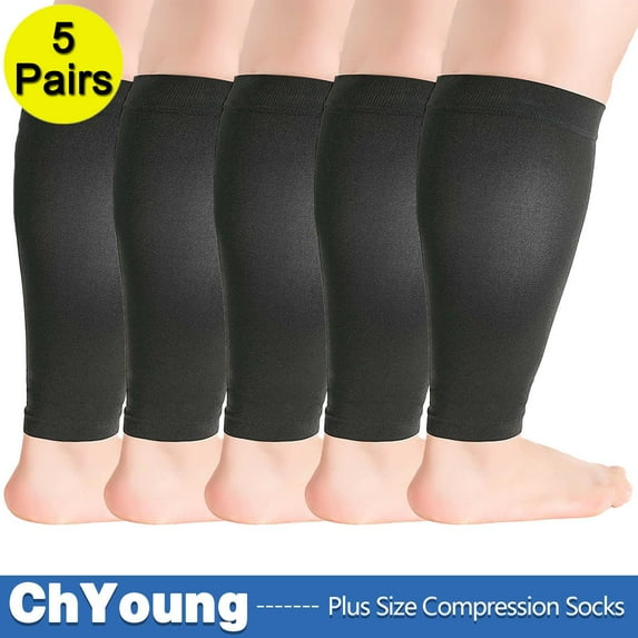 S(5Pack) Wide Calf Compression Sleeve Women Men Plus Size Leg Compression Sleeves Graduated Support for Circulation Recovery, Shin Splints Leg Pain Relief Support, Swelling, Travel, Black,ChYoung