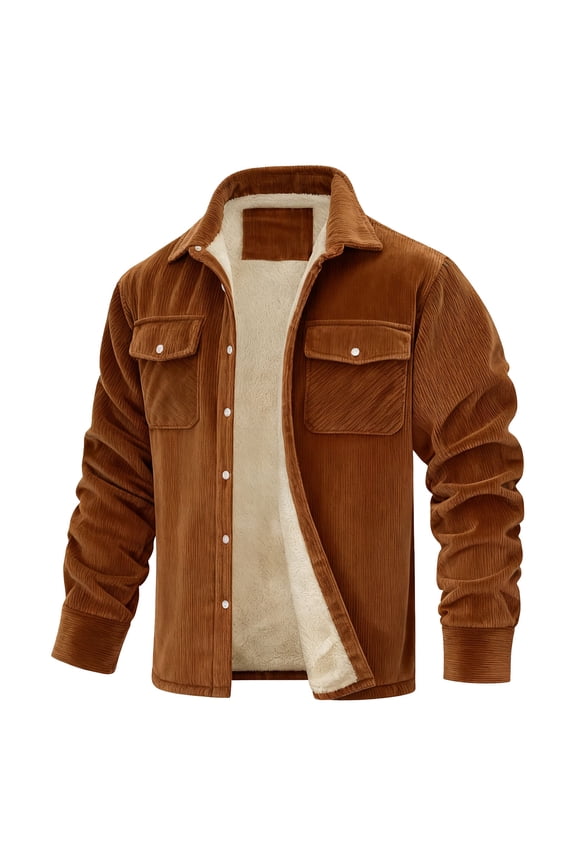 S-5X Big & Tall Corduroy-Jackets for Men Plus Size Thicken Fleece Lined Coats Long Sleeve Solid Color Button-Down Collared Winter Jacket with Pockets