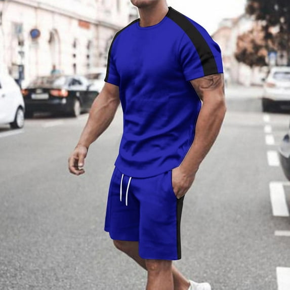 S-5X Big & Tall Outfits for Men Plus Size 2 Piece Athletic Workout Sets Color-Block Short Sleeve T-Shirts and Shorts Tracksuits with Pockets
