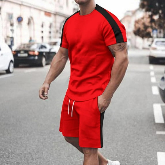 S-5X Big & Tall Outfits for Men Plus Size 2 Piece Athletic Workout Sets Color-Block Short Sleeve T-Shirts and Shorts Tracksuits with Pockets