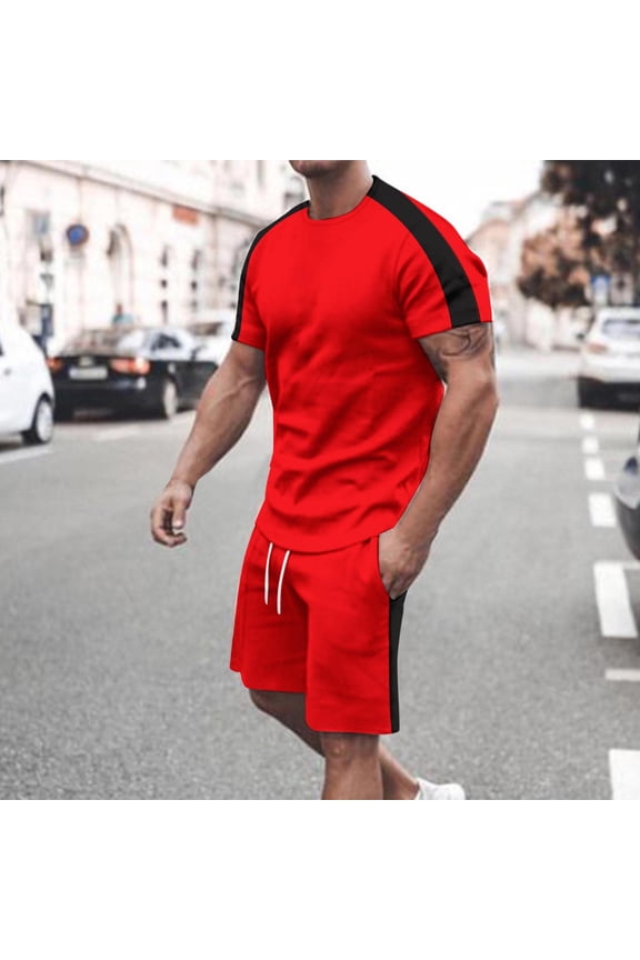 S-5X Big & Tall Outfits for Men Plus Size 2 Piece Athletic Workout Sets Color-Block Short Sleeve T-Shirts and Shorts Tracksuits with Pockets