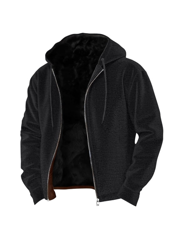 S-5X Mens Big & Tall Jackets Plus Size Fleece Sherpa Lined Coats with Hoodie Long Sleeve Zip Up Solid Color Thermal Warm Winter Outerwear Jacket