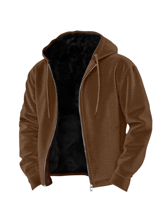 S-5X Mens Big & Tall Jackets Plus Size Fleece Sherpa Lined Coats with Hoodie Long Sleeve Zip Up Solid Color Thermal Warm Winter Outerwear Jacket