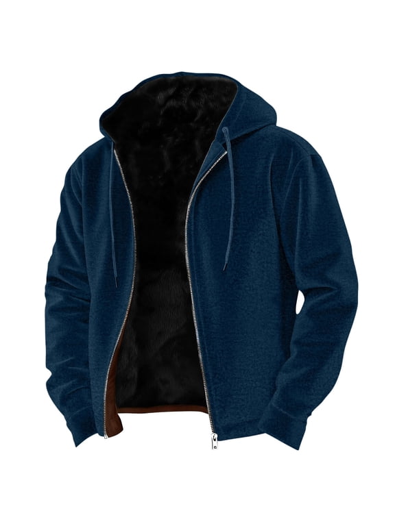 S-5X Mens Big & Tall Jackets Plus Size Fleece Sherpa Lined Coats with Hoodie Long Sleeve Zip Up Solid Color Thermal Warm Winter Outerwear Jacket