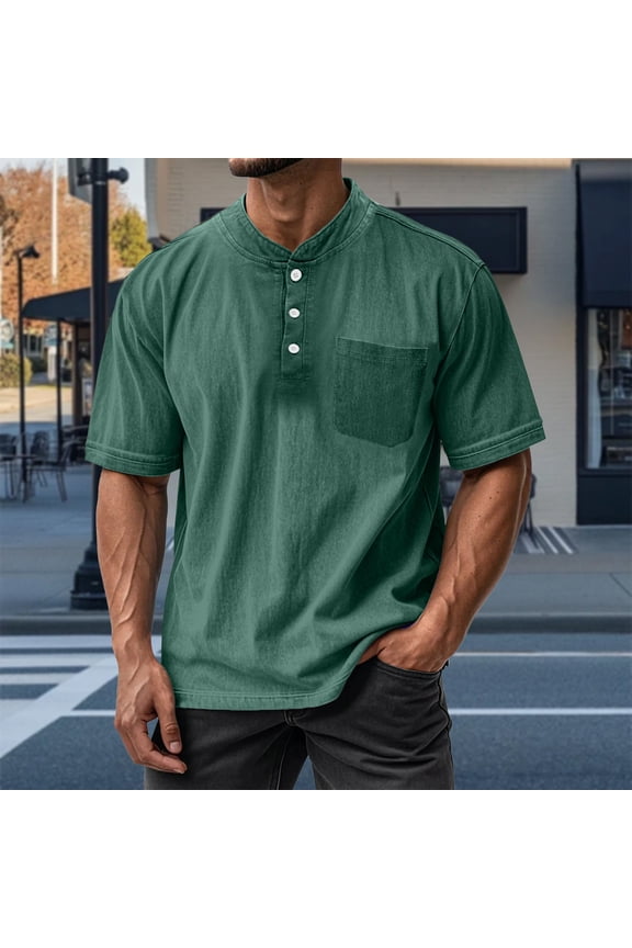 S-5X Mens Big & Tall T-Shirts with Pocket Plus Size Short Sleeve T Shirts Button Stand Collared Pullover Casual Solid Basic Tees Tops
