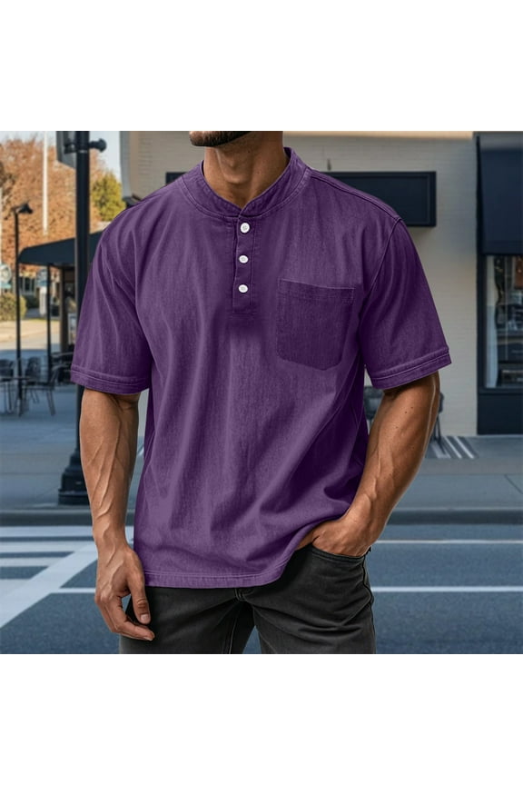 S-5X Mens Big & Tall T-Shirts with Pocket Plus Size Short Sleeve T Shirts Button Stand Collared Pullover Casual Solid Basic Tees Tops