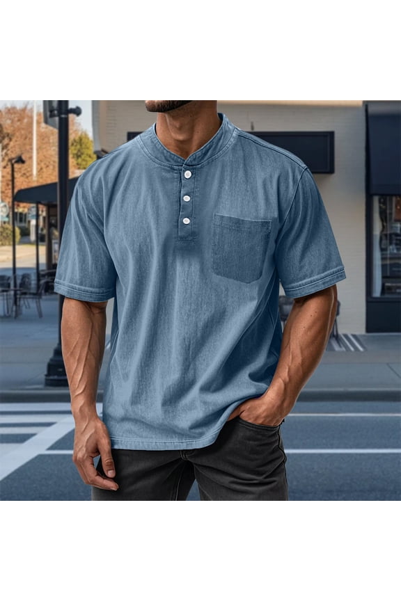 S-5X Mens Big & Tall T-Shirts with Pocket Plus Size Short Sleeve T Shirts Button Stand Collared Pullover Casual Solid Basic Tees Tops