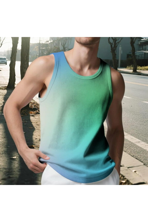 S-5X Mens Big & Tall Tank Tops Plus Size Sleeveless Crewneck Shirts Casual Pullover Gradient Printed Slim Athletic Workout Running Undershirts Vests