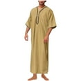 thumbnail image 1 of S-5X Muslim Robes for Men Big & Tall Plus Size with Pocket Elbow Sleeve Tops Pullover Solid Button V Neck Knee Length Loungewear T Shirts, 1 of 3