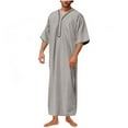 thumbnail image 1 of S-5X Muslim Robes for Men Big & Tall Plus Size with Pocket Elbow Sleeve Tops Pullover Solid Button V Neck Knee Length Loungewear T Shirts, 1 of 3