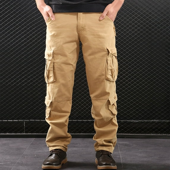 S-5X Plus Size Cargo Pants for Men with Pockets Fleece Lined Trousers Casual Waterproof Windbreaker Solid Color Straight Leg Hiking Work Pant