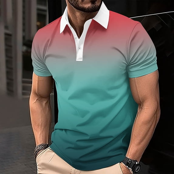 S-5X Plus Size Golf Shirts for Men Big & Tall Short Sleeve T-Shirts Mens Casual Gradient Printed Pullover Button Collared Athletic Workout Tees Tops