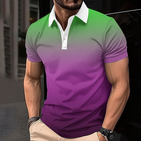 S-5X Plus Size Golf Shirts for Men Big & Tall Short Sleeve T-Shirts Mens Casual Gradient Printed Pullover Button Collared Athletic Workout Tees Tops