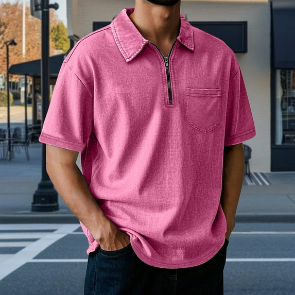 S-5X Plus Size Golf Shirts for Men Big & Tall Short Sleeve T-Shirts with Pocket and Zipper Collared Pullover Solid Color Washed Vintage Tees Tops