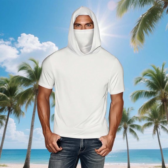 S-5X Plus Size Mens Big & Tall Hoodies with Mask Short Sleeve Sun Protection T-Shirts Solid Color Pullover Cooling Athletic Hiking Tees Tops