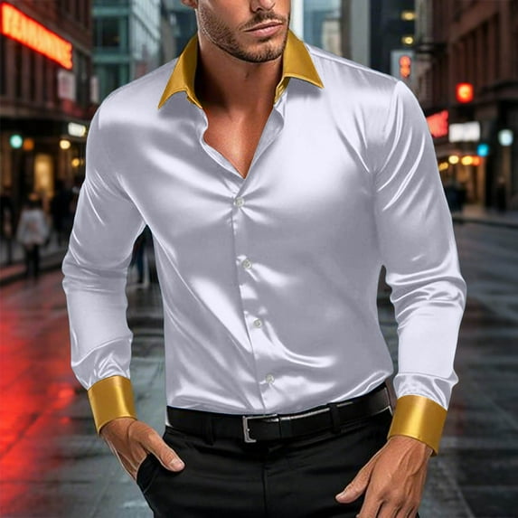 S-5X Plus Size Mens Silk Satin Shirts Big & Tall Long Sleeve Tshirts Shirt Button-Down Collared Color Block Slim Vintage Dance Party Tops