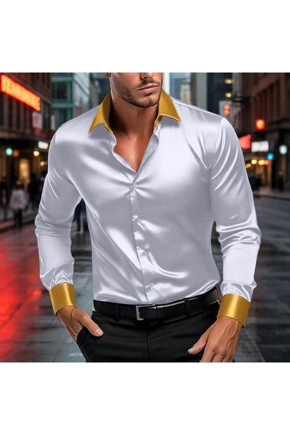 S-5X Plus Size Mens Silk Satin Shirts Big & Tall Long Sleeve Tshirts Shirt Button-Down Collared Color Block Slim Vintage Dance Party Tops