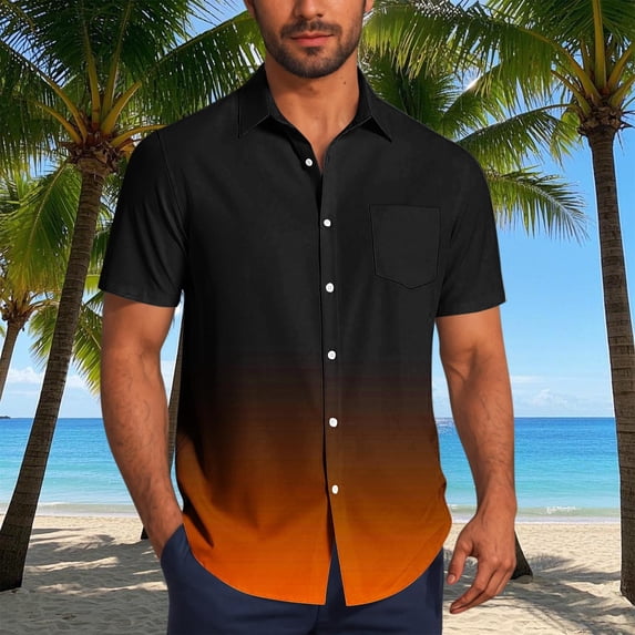 S-5X Plus Size Shirts for Men with Pocket Big & Tall Short Sleeve Tshirts Shirt Mens Trendy Gradient Printed Button-Down Collared Beach Tees Tops
