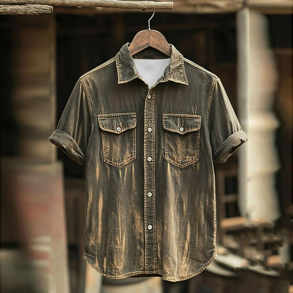 S-5X Plus Size Shirts for Men with Pockets and Collar Big & Tall Short Sleeve Tshirts Shirt Button-Down Vintage Printed Cowboy T-Shirts Tops