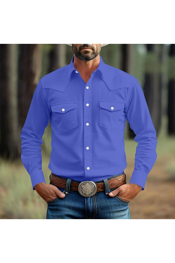 S-5X Plus Size Shirts with Pockets Big & Tall Long Sleeve T-Shirts Button-Down Collared Casual Solid Color Cowboy Work Tshirts Tops