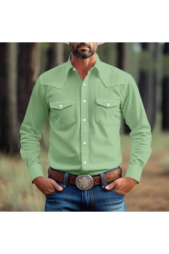 S-5X Plus Size Shirts with Pockets Big & Tall Long Sleeve T-Shirts Button-Down Collared Casual Solid Color Cowboy Work Tshirts Tops
