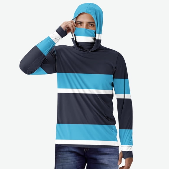 S-5X Plus Size Sun Protection Hoodies for Men Big & Tall Long Sleeve Shirts with Mask Mens Casual Stripe Printed Pullover Hiking Workout Hoodie Tops