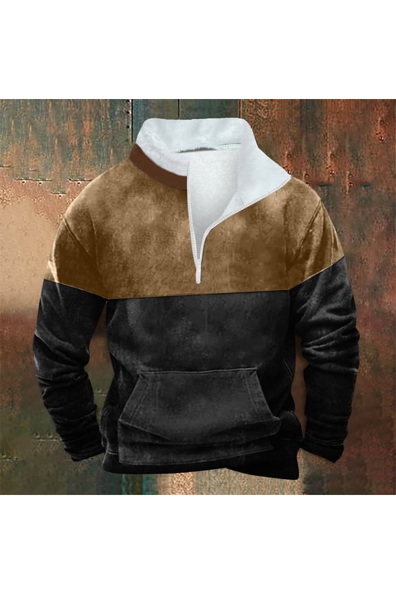 S-5X Plus Size Sweatshirts for Men Big & Tall Fleece Lined Shirts with Front Pocket and Zipper Mock Neck Long Sleeve Color Block Pullover Sweatshirt