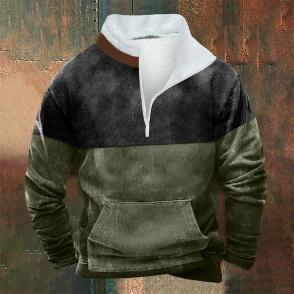 S-5X Plus Size Sweatshirts for Men Big & Tall Fleece Lined Shirts with Front Pocket and Zipper Mock Neck Long Sleeve Color Block Pullover Sweatshirt