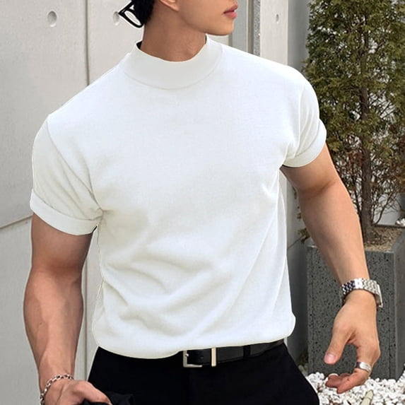 S-5X Plus Size T Shirts for Men Big & Tall Short Sleeve Mock Neck Tees Tops Mens Trendy Solid Color Stretchy Slim Pullover Muscle Tshirts Shirt