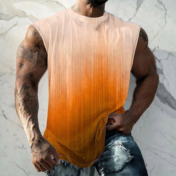 S-5X Plus Size Tank Tops for Men Big & Tall Cap Sleeve Crewneck Muscle Shirts Mens Casual Gradient Printed Pullover Athletic Workout Running Vests