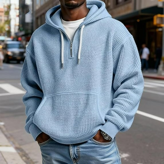 S-5X Plus Size Waffleknit Hoodies for Men Big & Tall Sweatshirts with Zipper and Front Pocket Pullover Long Sleeve Solid Color Workout Hoodie Tops