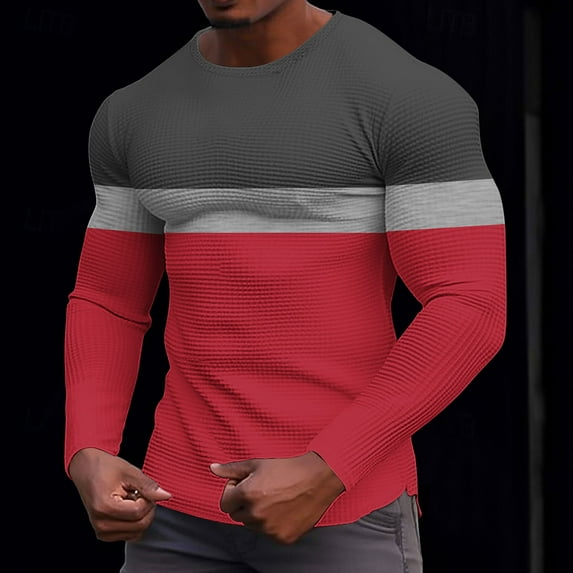 S-5X Plus Size Waffleknit Shirts for Men Big & Tall Long Sleeve Sweatshirts Mens Casual Color Block Stretchy Pullover Crewneck Loungewear T Shirt Tops