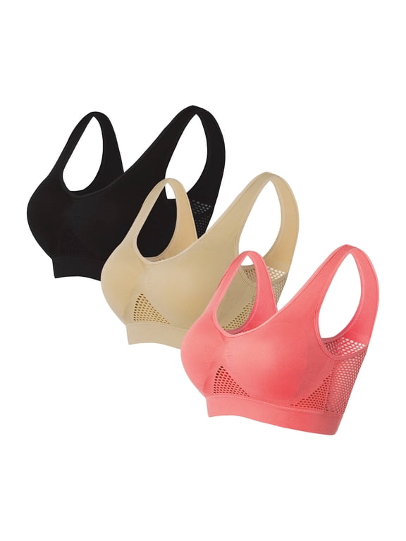 S-5X Sports Bras Plus Size for Women Multipack 3 Pack Pullover Wireless Push Up Bralettes Stretchy Nylon High-Impact Workout Underwear Bra