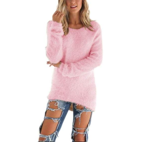S-5XL Plus Size Casual Fluffy Pullover Tunic Tops for Women High Low Sweaters Round Neck Solid Color Long Sleeve Mid-Length Shirts for Womens Juniors Ladies